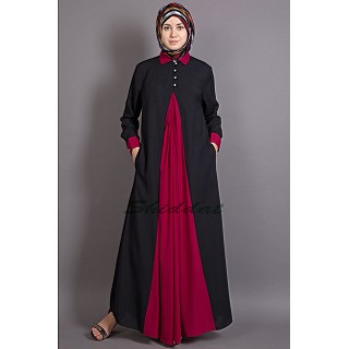 Casual Abaya - Contrast Yoke Black-Maroon